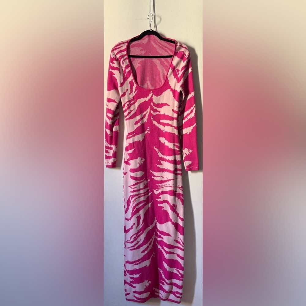 Pink Zebra Knit Maxi Dress | Long Sleeve Scoop Neck | 58β Length | Tall Friendly